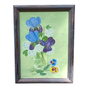 Vintage Mid-Century Floral Oil Painting, Pansies Iris Snowballs, Mint Green